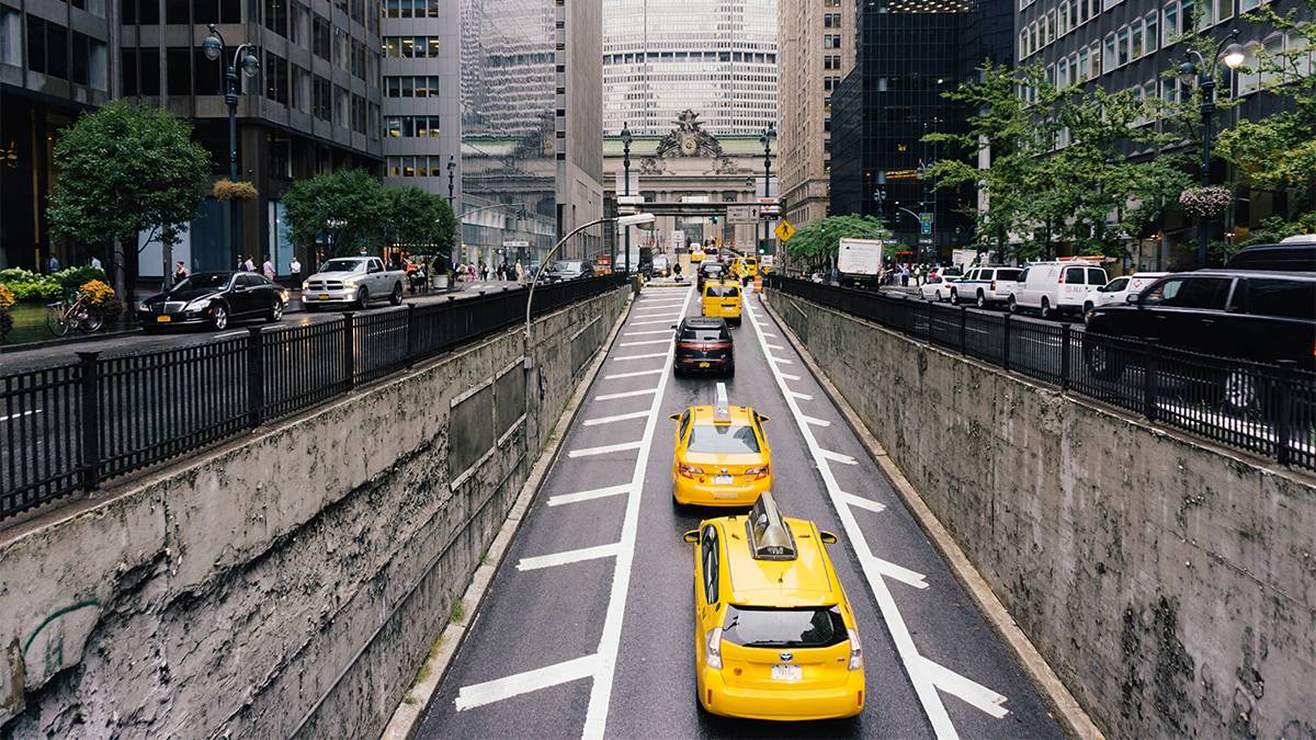 Aerial view of two taxis in Manhattan in NYC, New York, USA